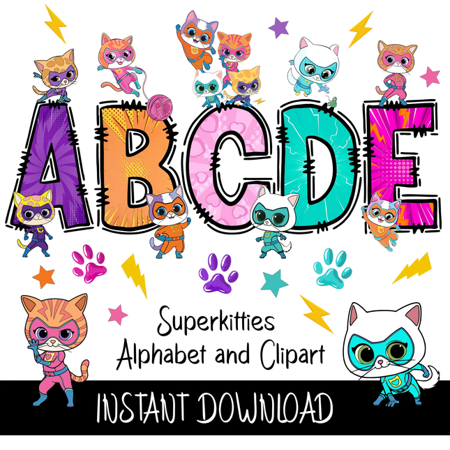 Superkitties Doodle Alphabet Letters PNG Bundle Instant Download