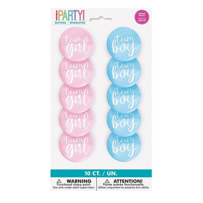 Packaged buttons with 'Team Girl' and 'Team Boy' text on a white background