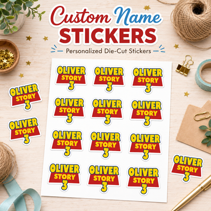 Custom die-cut Toy Story name stickers featuring the text 'Oliver Story 3' in yellow and red, displayed on a white sheet with several loose stickers around it on a styled wooden desk background.