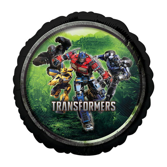 Transformers-themed balloon with four robots on a green background
