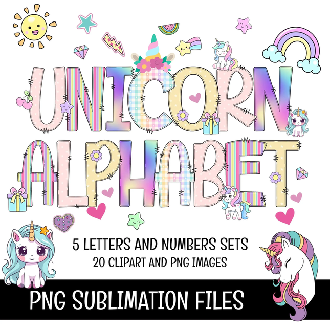 Unicorn Doodle Alphabet Letters PNG Bundle Instant Download