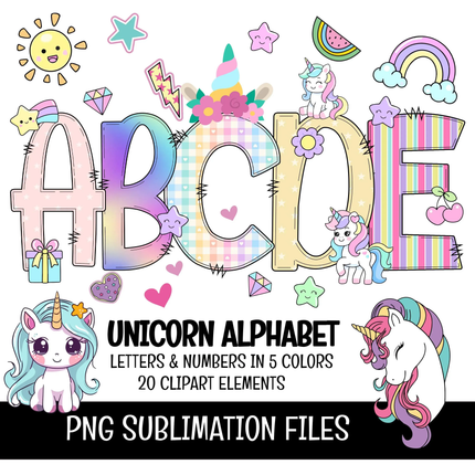Unicorn Doodle Alphabet Letters PNG Bundle Instant Download