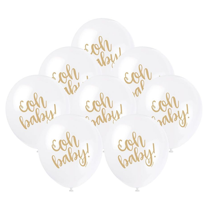 White Gold "Oh Baby" Baby Shower 12" Latex Balloons, 8ct