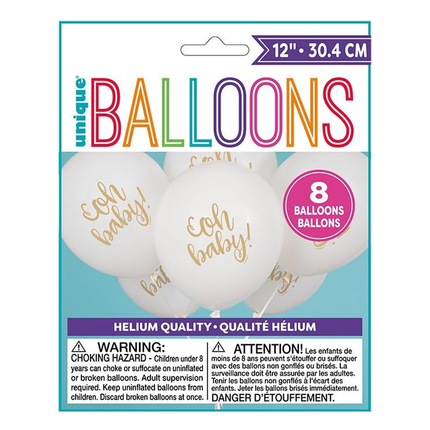 White Gold "Oh Baby" Baby Shower 12" Latex Balloons, 8ct