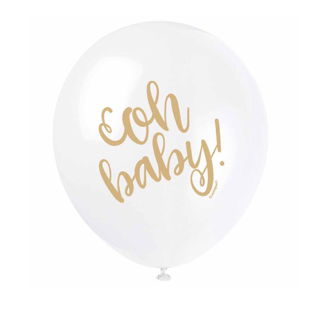 White Gold "Oh Baby" Baby Shower 12" Latex Balloons, 8ct