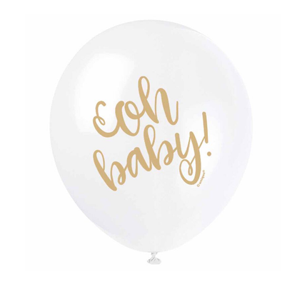 Oh Baby Gold Baby Shower set component: White Gold "Oh Baby" Baby Shower 12" Latex Balloons, 8ct