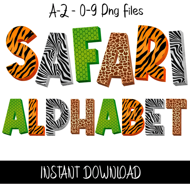 Wild Safari Doodle Alphabet Letters PNG Bundle Instant Download