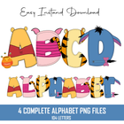 Winnie The Pooh Doodle Alphabet Letters PNG Bundle Instant Download