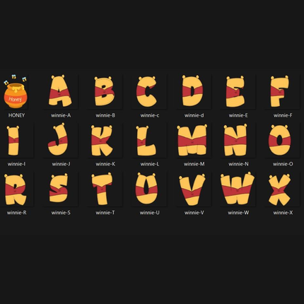 Winnie The Pooh Doodle Alphabet Letters PNG Bundle Instant Download