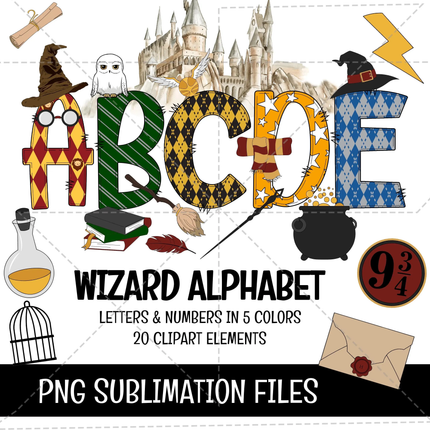 Harry Potter Doodle Alphabet Letters, Numbers PNG Bundle Instant Download