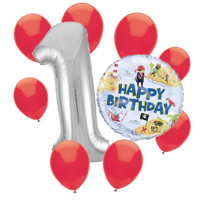 Ahoy Pirate 1st birthday set main: number 1 foil, themed foil and 8 matching latex balloons