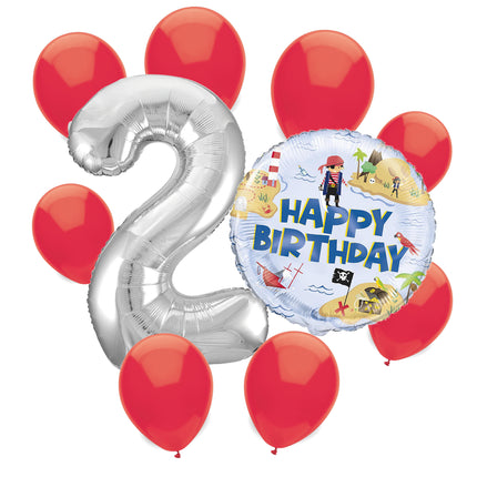 Ahoy Pirate 2nd birthday set main: number 2 foil, themed foil and 8 matching latex balloons
