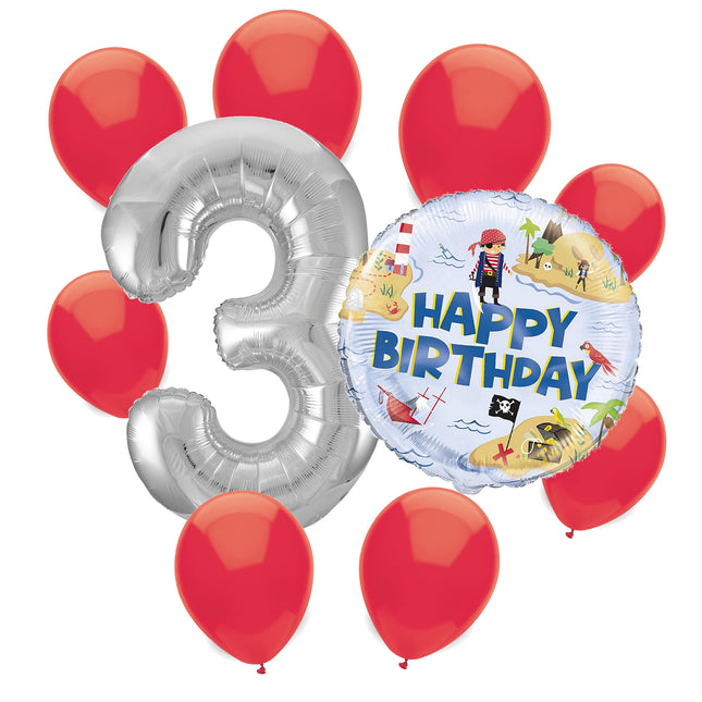 Ahoy Pirate 3rd birthday set main: number 3 foil, themed foil and 8 matching latex balloons