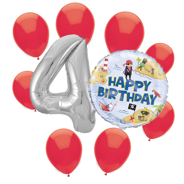 Ahoy Pirate 4th birthday set main: number 4 foil, themed foil and 8 matching latex balloons