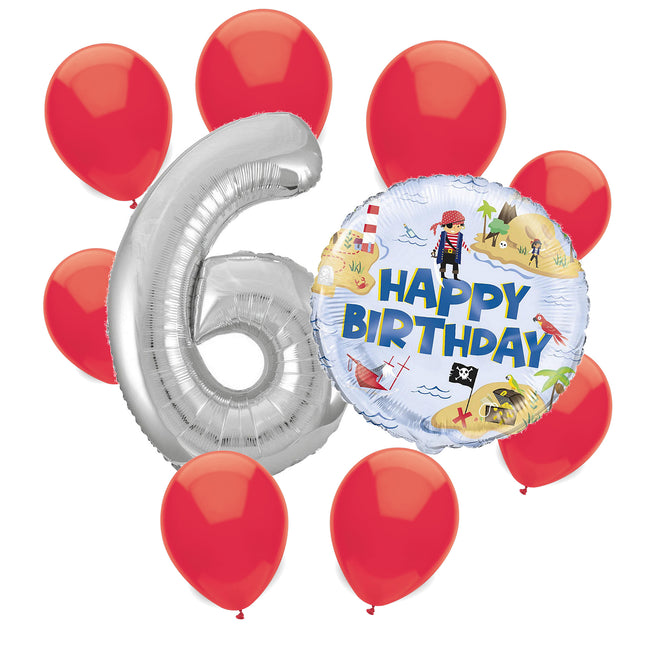 Ahoy Pirate 6th birthday set main: number 6 foil, themed foil and 8 matching latex balloons