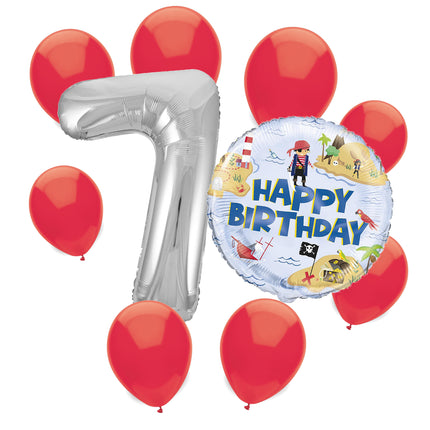 Ahoy Pirate 7th birthday set main: number 7 foil, themed foil and 8 matching latex balloons