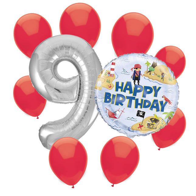 Ahoy Pirate 9th birthday set main: number 9 foil, themed foil and 8 matching latex balloons