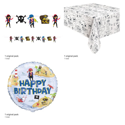 Ahoy Pirate Banner, Tablecloth and Foil Balloon Set - included packs and quantities
