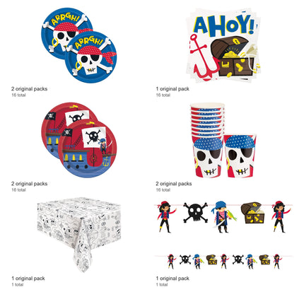 Ahoy Pirate Coordinated Party Supplies Set for 16 Guests - included packs and quantities