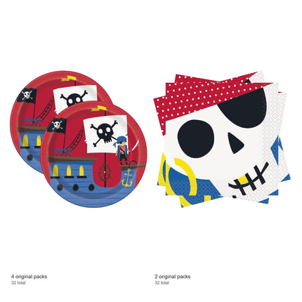 Ahoy Pirate Dessert Plates and Napkins Set for 32 Guests - included packs and quantities