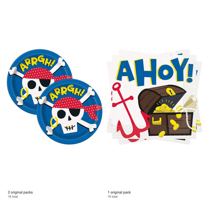 Ahoy Pirate Dinner Plates and Napkins Set for 16 Guests - included packs and quantities