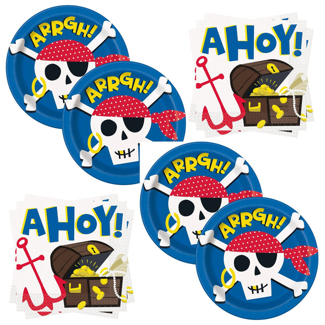 Ahoy Pirate Dinner Plates and Napkins Set for 16 Guests - set overview