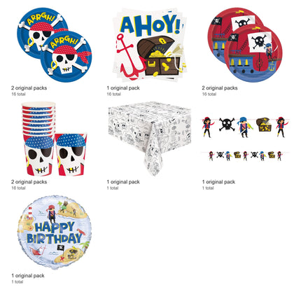 Ahoy Pirate Party Supplies and Foil Balloon Set for 16 Guests - included packs and quantities