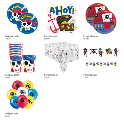 Ahoy Pirate Party Supplies and Latex Balloons Set for 16 Guests - included packs and quantities
