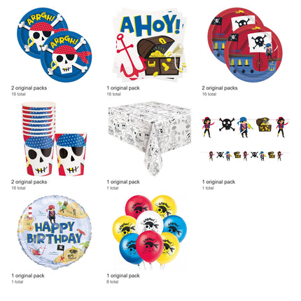 Ahoy Pirate Party Supplies, Foil and Latex Balloons Set for 16 Guests - included packs and quantities