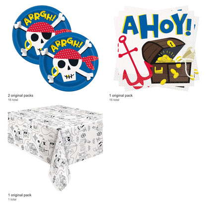 Ahoy Pirate Plates, Napkins and Tablecloth Set for 16 Guests - included packs and quantities