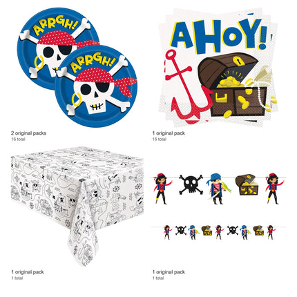 Ahoy Pirate Plates, Napkins, Banner and Tablecloth Set for 16 Guests - included packs and quantities