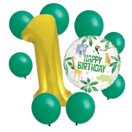 Animal Safari 1st birthday set main: number 1 foil, themed foil and 8 matching latex balloons