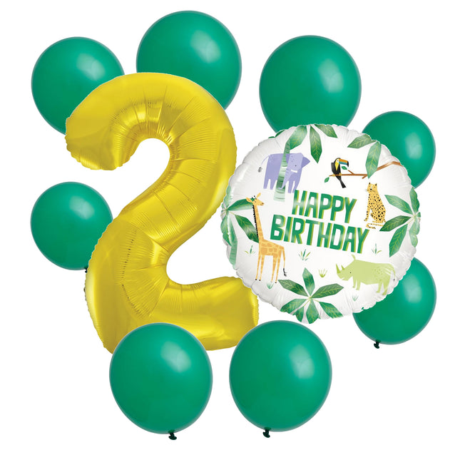 Animal Safari 2nd birthday set main: number 2 foil, themed foil and 8 matching latex balloons