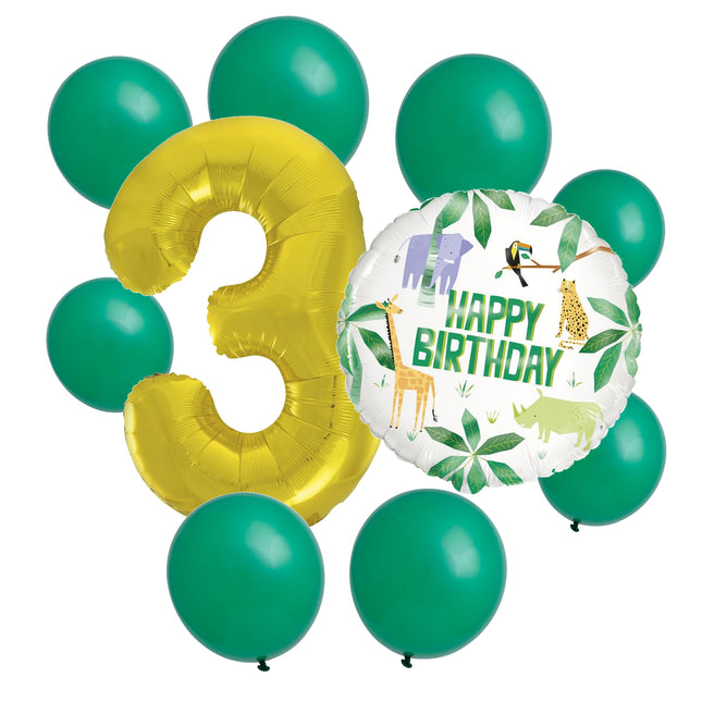 Animal Safari 3rd birthday set main: number 3 foil, themed foil and 8 matching latex balloons