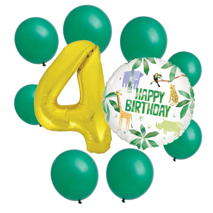 Animal Safari 4th birthday set main: number 4 foil, themed foil and 8 matching latex balloons