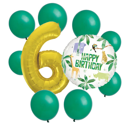 Animal Safari 6th birthday set main: number 6 foil, themed foil and 8 matching latex balloons
