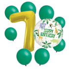 Animal Safari 7th birthday set main: number 7 foil, themed foil and 8 matching latex balloons