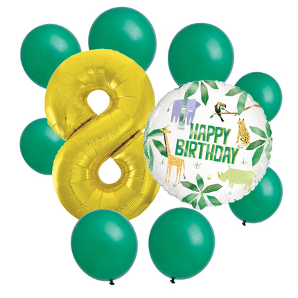 Animal Safari 8th birthday set main: number 8 foil, themed foil and 8 matching latex balloons