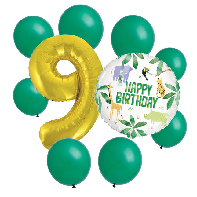 Animal Safari 9th birthday set main: number 9 foil, themed foil and 8 matching latex balloons