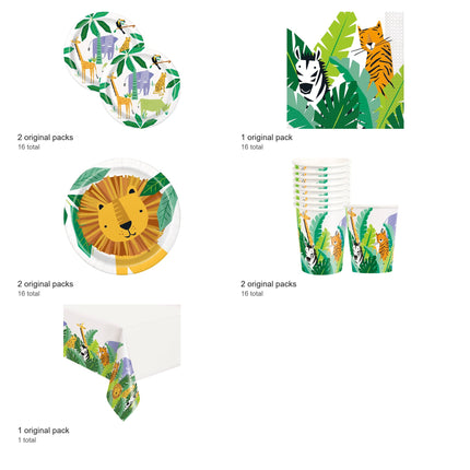 Animal Safari Coordinated Party Supplies Set for 16 Guests - included packs and quantities