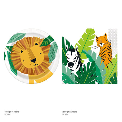 Animal Safari Dessert Plates and Napkins Set for 32 Guests - included packs and quantities