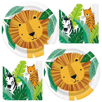 Animal Safari Dessert Plates and Napkins Set for 16 Guests - set overview