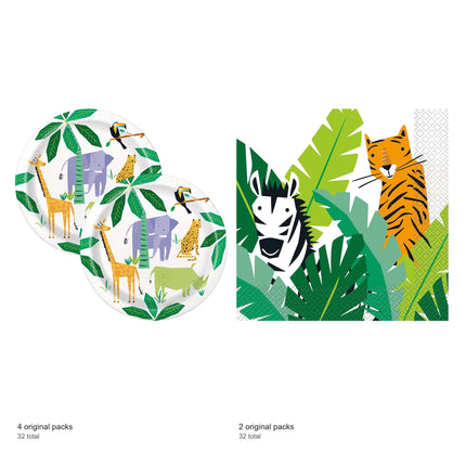 Animal Safari Dinner Plates and Napkins Set for 32 Guests - included packs and quantities