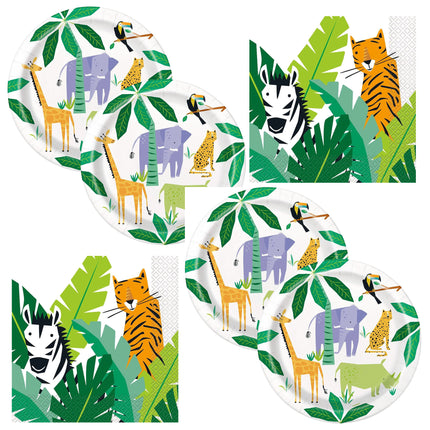 Animal Safari Dinner Plates and Napkins Set for 32 Guests - set overview