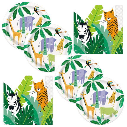 Animal Safari Dinner Plates and Napkins Set for 16 Guests - set overview