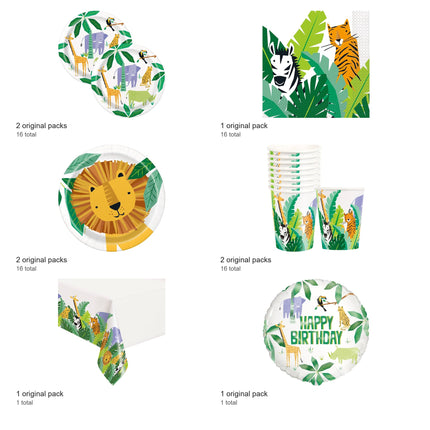Animal Safari Party Supplies and Foil Balloon Set for 16 Guests - included packs and quantities