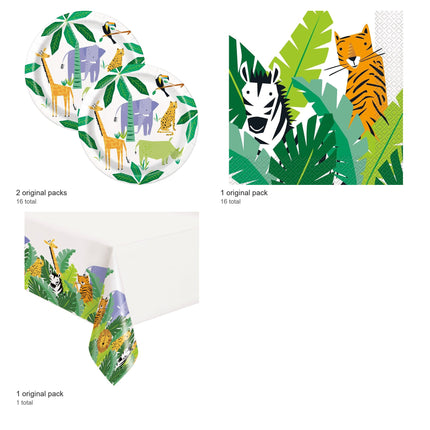 Animal Safari Plates, Napkins and Tablecloth Set for 16 Guests - included packs and quantities