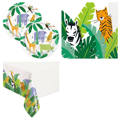 Animal Safari Plates, Napkins and Tablecloth Set for 16 Guests - set overview
