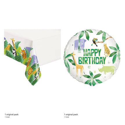 Animal Safari Tablecloth and Foil Balloon Set - included packs and quantities