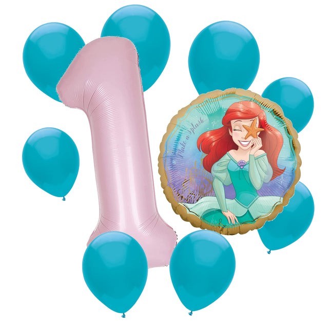 Ariel Little Mermaid 1st birthday set main: number 1 foil, themed foil and 8 matching latex balloons